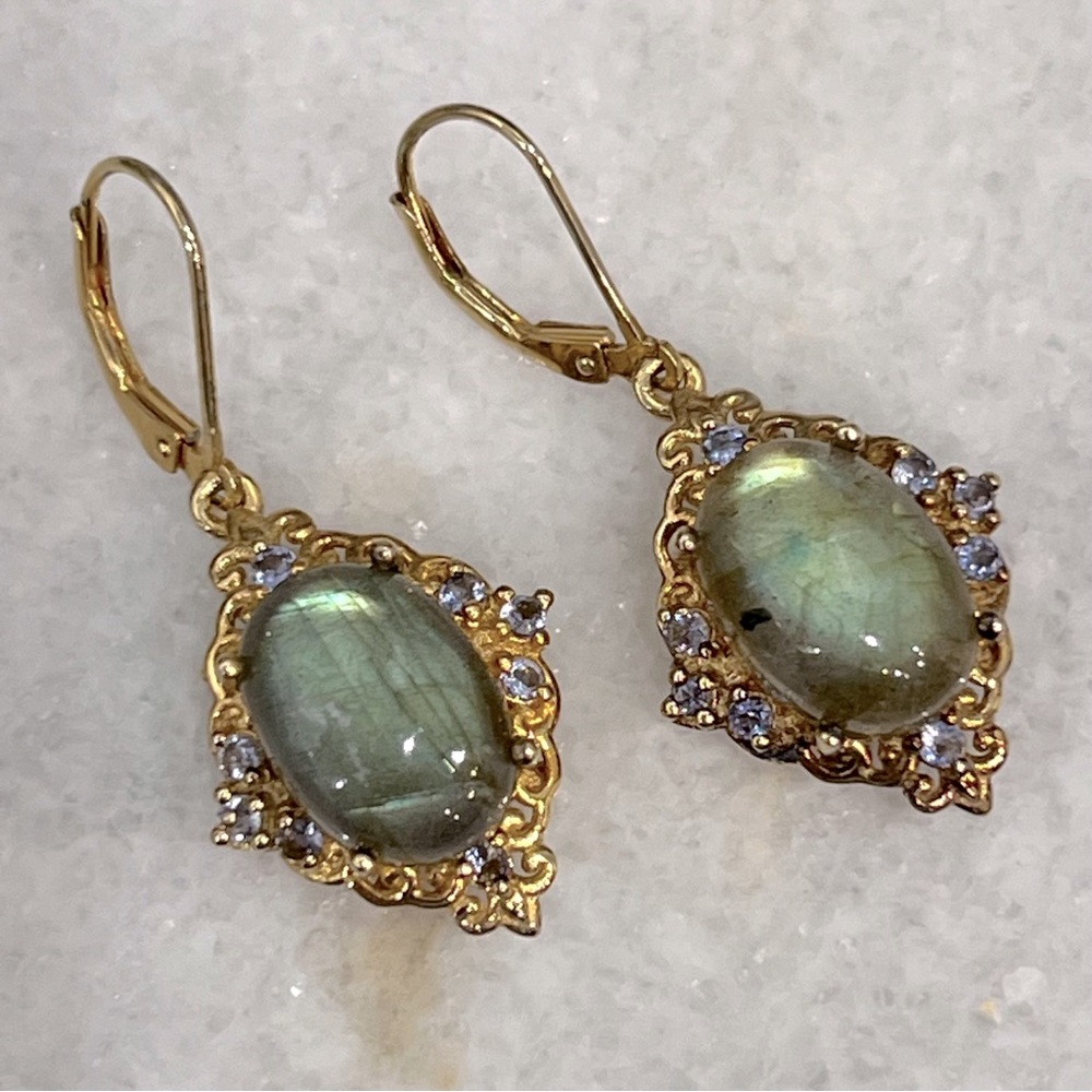 Malagasy Labradorite Catalina Iolite YG Sterling Silver Lever Back Earri… - Picture 3 of 15